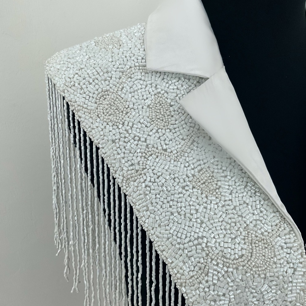 White Blazer Cape with Beaded Fringe - Picture 6 of 7